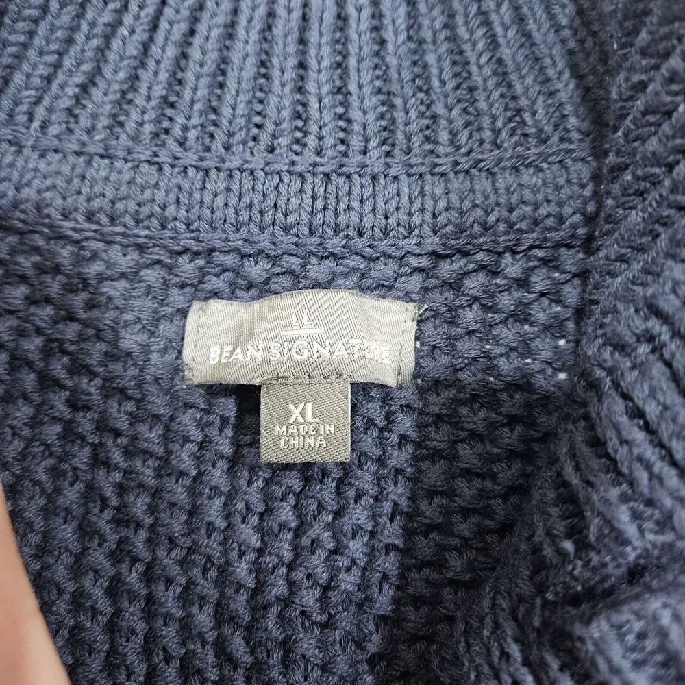 LL Bean Signature Fisherman Button Henley Sweater Blue‎ Cable Knit MENS XL Mock
